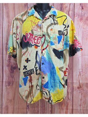 Zara Mens Graffiti Print Linen-Blend Short Sleeve Shirt Large